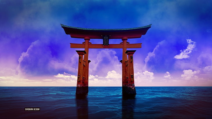 Religious, Itsukushima Gate, Artistic, Horizon, Japanese, Ocean, HD wallpaper