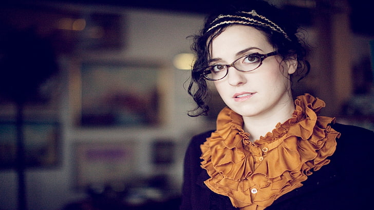 women's black framed eyeglasses, audrey assad, girl, skarf, teeth, HD wallpaper