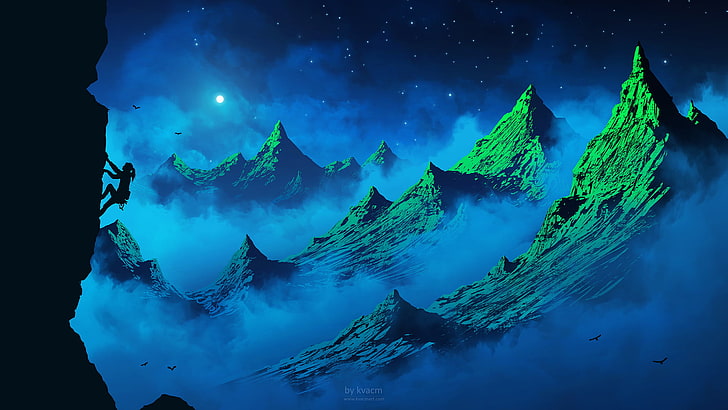 clouds and mountains artwork, digital art, night, hiking, illustration
