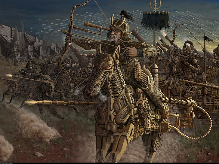 warrior soldier mongols ancient old horse fantasy art weapon machine arrows war building bow turk smoke wall, HD wallpaper
