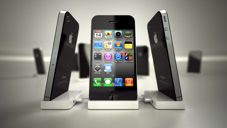 three black iPhone 4's, apple, mobile, icon, technology, smart Phone, HD wallpaper