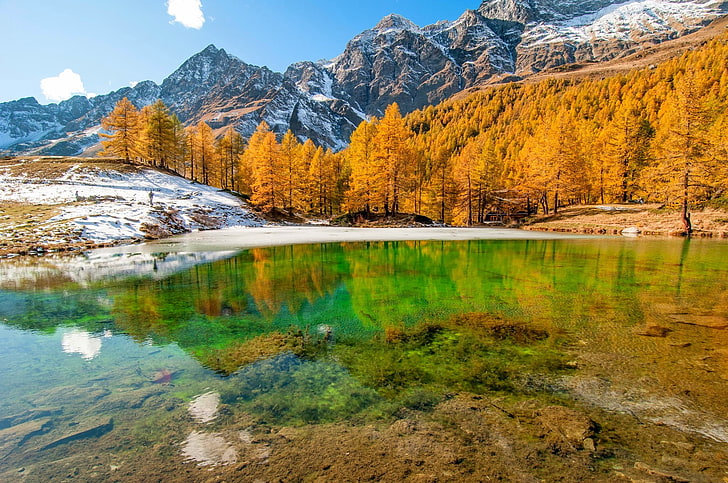 landscape, nature, lake, mountains, forest, fall, Italy, snow