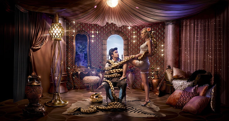 man and woman illustration, Rapunzel, fairy tale, indoors, sitting