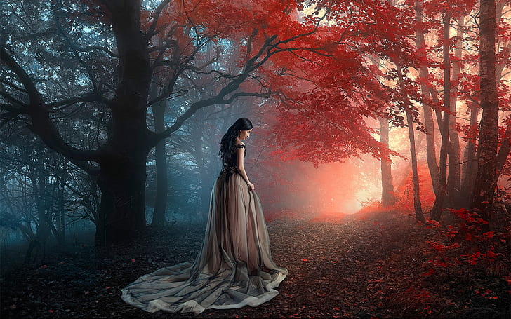 autumn, forest, girl, trees, mood, dress, Renat Khismatulin