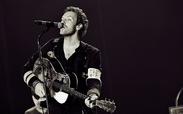 Coldplay vocalist, singing, microphone, guitar, solo, music, musician