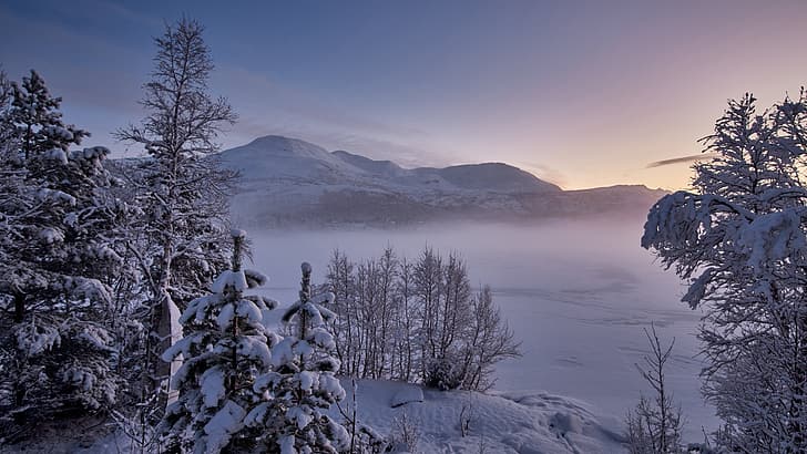 winter, snow, trees, mountains, lake, Norway, Møre and Romsdal