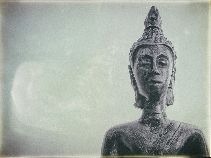 Gautama Buddha grayscale photo, simple background, statue, human representation