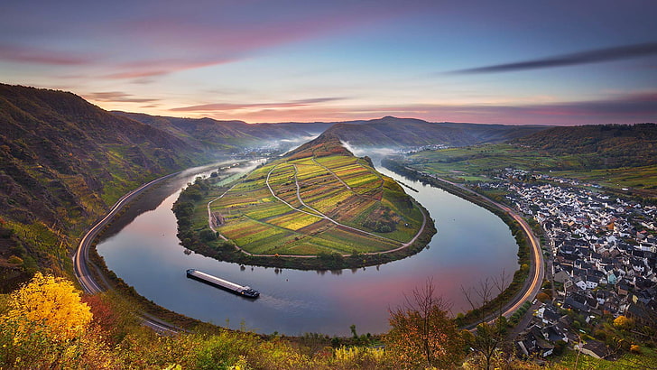 autumn, mountains, nature, Germany, barge, the river Moselle, HD wallpaper