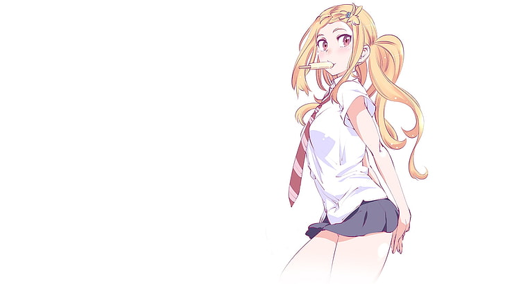 anime girls, blonde, school uniform, short skirt, popsicle, HD wallpaper