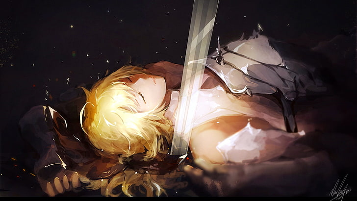 armor, blonde, hair, dark background, Fate Series, Fate/Stay Night: Unlimited Blade Works