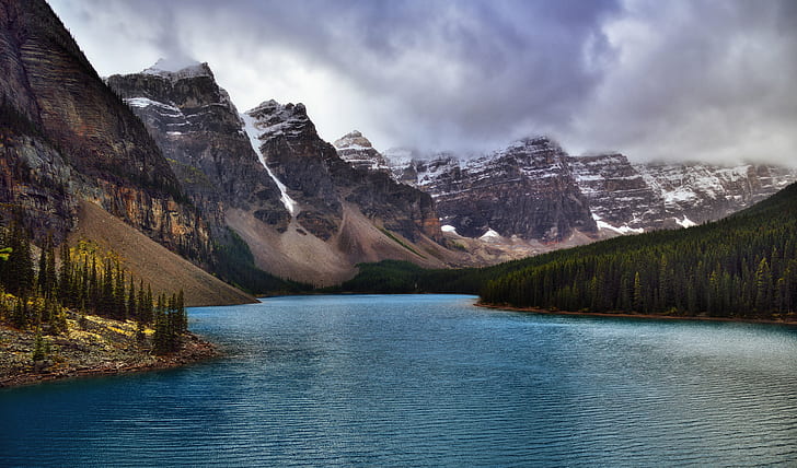 mountain beside river during daytime, moraine lake, banff national park, moraine lake, banff national park