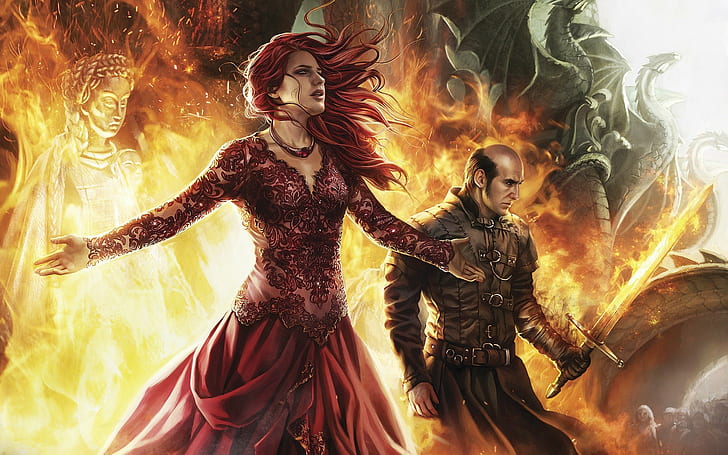 Game of Thrones, Fire, Melisandre, Stannis Baratheon, Statue, female and male anime character