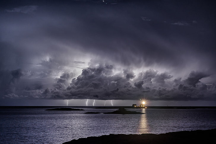 lightning cloud, nature, landscape, water, sea, clouds, storm, HD wallpaper