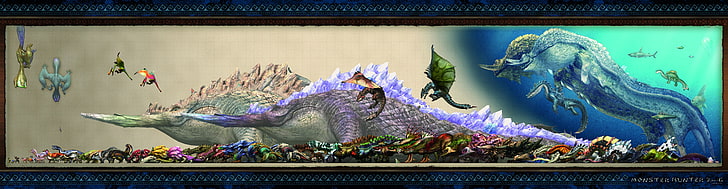 green and gray dragons, Monster Hunter, Rathian, Rathalos, Lagiacrus