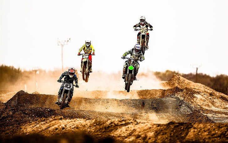 Motocross race, jump, dust, desert, HD wallpaper