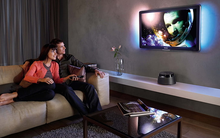 black flat screen TV, plasma, couple, smile, movies, console, HD wallpaper
