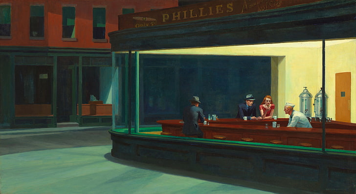 painting, Nighthawks, oil painting, artwork, diner, Edward Hopper