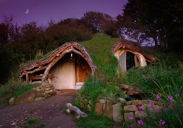 the hobbit house, trees, flowers, the moon, the evening, Nora, HD wallpaper