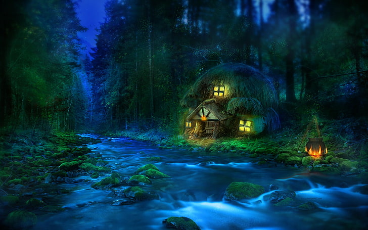 house beside riverbed illustration, forest, ear, tree, nature