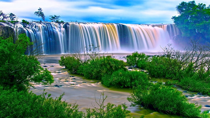 waterfalls near green grass plant at daytime, nature, landscape, HD wallpaper