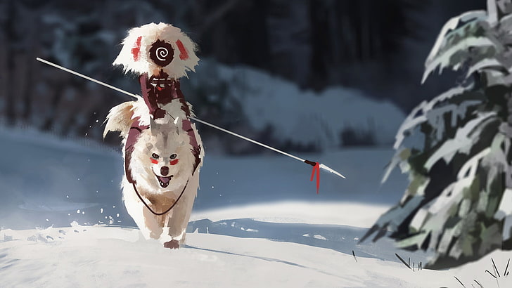white wolf, snow, digital art, spear, Princess Mononoke, cold temperature