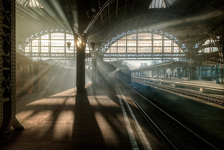 train, railway, train station, sunlight, St. Petersburg, arch, HD wallpaper