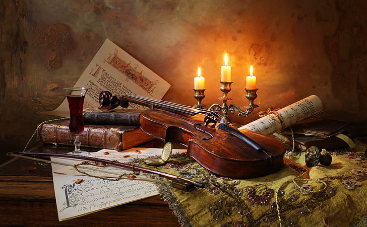 notes, wine, violin, books, candles, bow, Still life with violin and candles