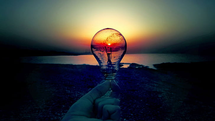 Light bulb in the sunset, clear glass bublb, photography, 1920x1080, HD wallpaper