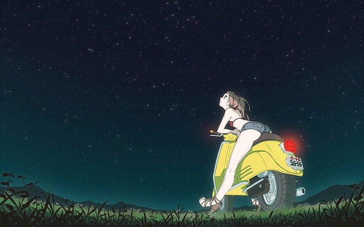 anime girls, stars, FLCL, Haruhara Haruko, scooters, night