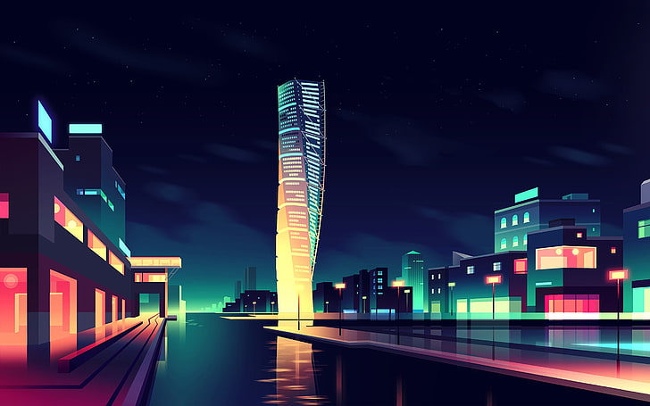gray building, night, cityscape, colorful, digital art, illuminated