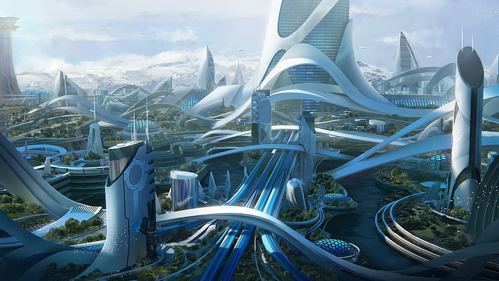 futuristic city, towers, buildings, digital art, sci-fi, Fantasy, HD wallpaper
