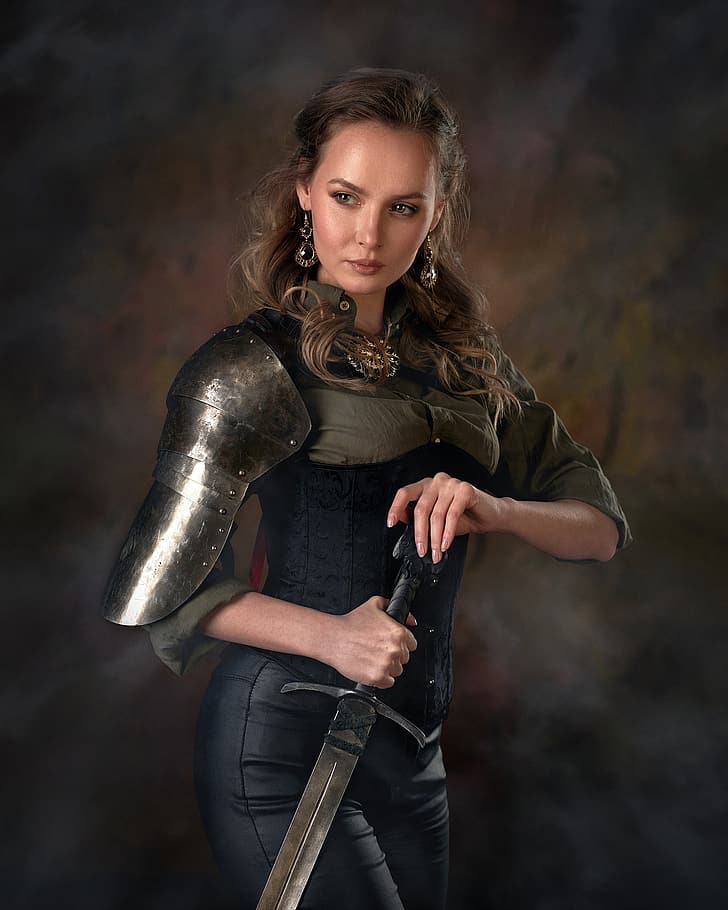 Max Pyzhik, women, Katya Khalpert, brunette, armor, sword, simple background