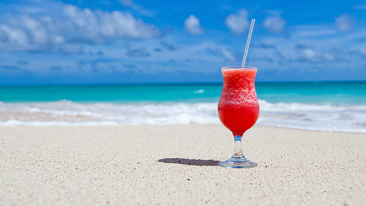 clear long-stem glass, beach, sand, cocktails, tropical, sea, HD wallpaper
