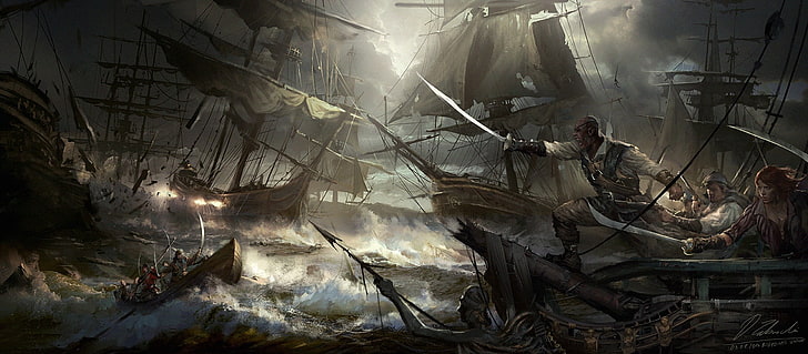 game cover, artwork, Darek Zabrocki, sailing ship, pirates, occupation