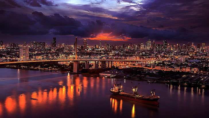 bridge, city lights, cloudy, cloudy night, evening, river, asia, HD wallpaper
