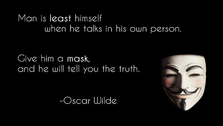 Guy Fawkes mask with text overlay, Anonymous, quote, minimalism