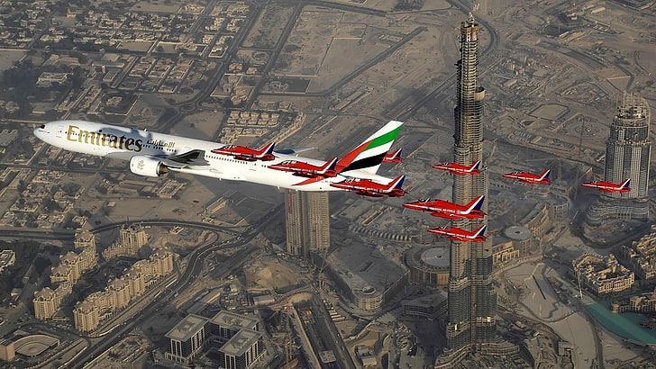 white, red, and green Emirates airline, aircraft, cityscape, Boeing