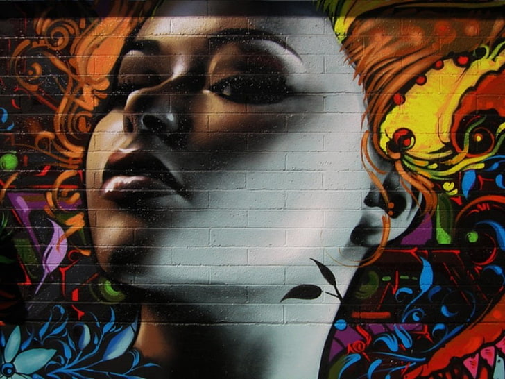 woman face painting, Artistic, Graffiti, Brick, Wall, people