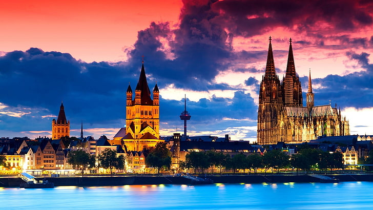 Cologne, Germany, architecture, Gothic architecture, sunset
