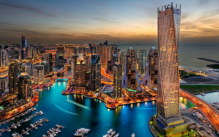 Dubai Skyscrapers, city, building, Hotel, travel, Night, lights
