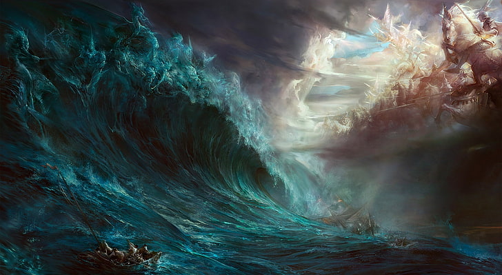 Fantasy Battle, ocean wave wallpaper, Artistic, Beautiful, Digital