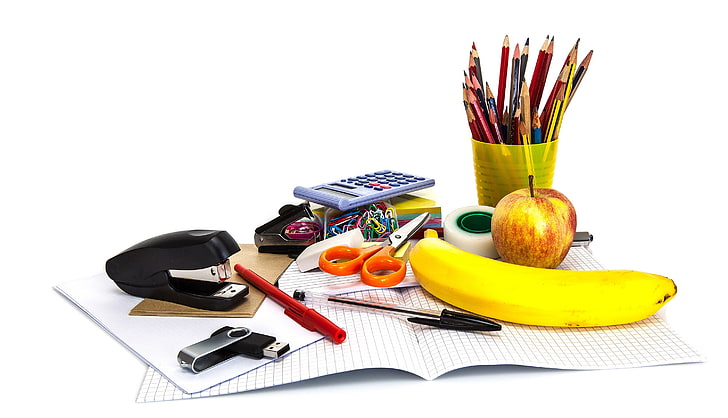 paper, Apple, pencils, white background, handle, fruit, banana, HD wallpaper