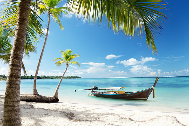 Tropical Paradise, sunshine, beach, coast, Sea, sky, blue, emerald, HD wallpaper