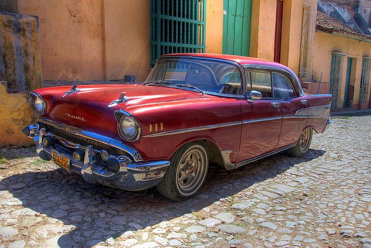 red sedan, chevrolet, old, retro, cars, cuba, havana, old-fashioned, HD wallpaper