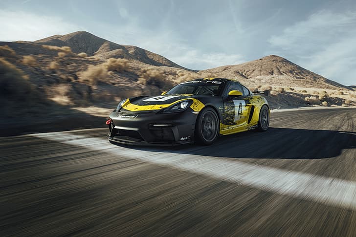 mountains, coupe, track, Porsche, Cayman, 718, 2019, black-yellow, HD wallpaper