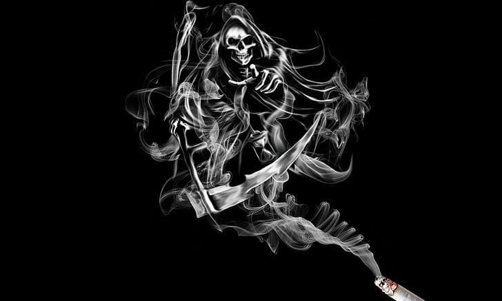 artwork, cigarette, Dark, death, fantasy, reaper, skeleton, HD wallpaper