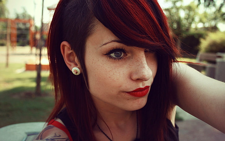 redhead, lipstick, women, teen, sidecut, portrait, young adult
