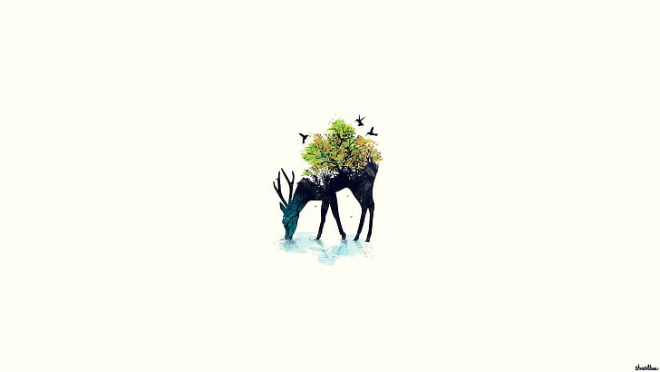 green tree illustration, deer, minimalism, nature, animals, artwork, HD wallpaper
