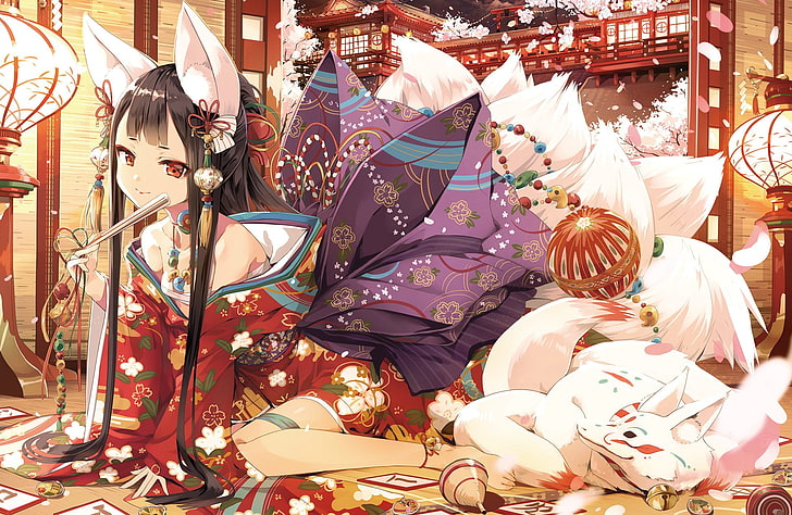 Anime, Girl, Animal Ears, Black Hair, Japanese Clothes, Kitsune, HD wallpaper