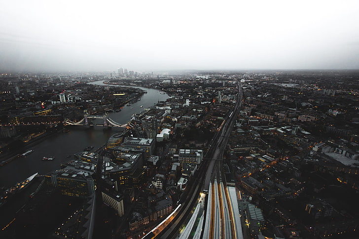skyscraper, cityscape, river, mist, building, bridge, London